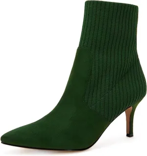 Coutgo Women's Pointed Toe Ankle Boots Stiletto Kitten Heel Knit Faux Suede Winter Sock Booties