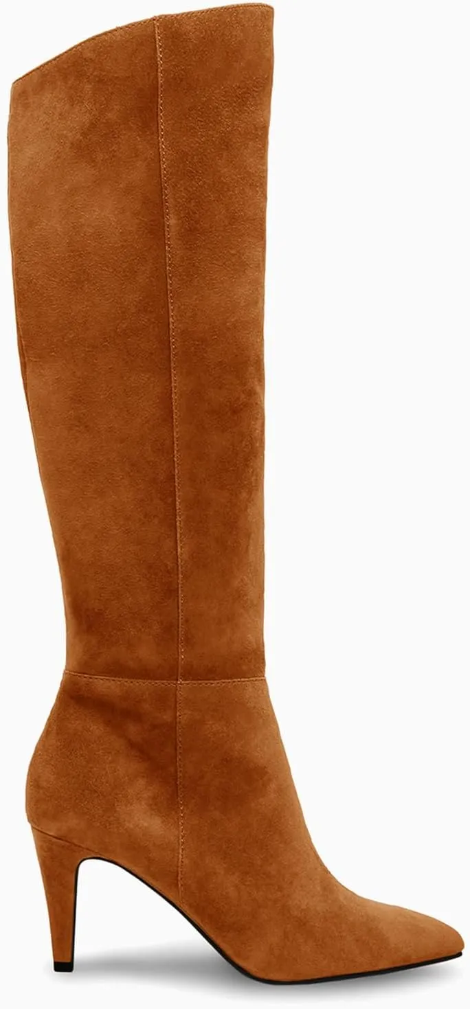 Coutgo Womens Wide Calf Knee High Boots Stiletto High Heel Pointed Toe Side Zipper Suede Long Boots Winter Shoes