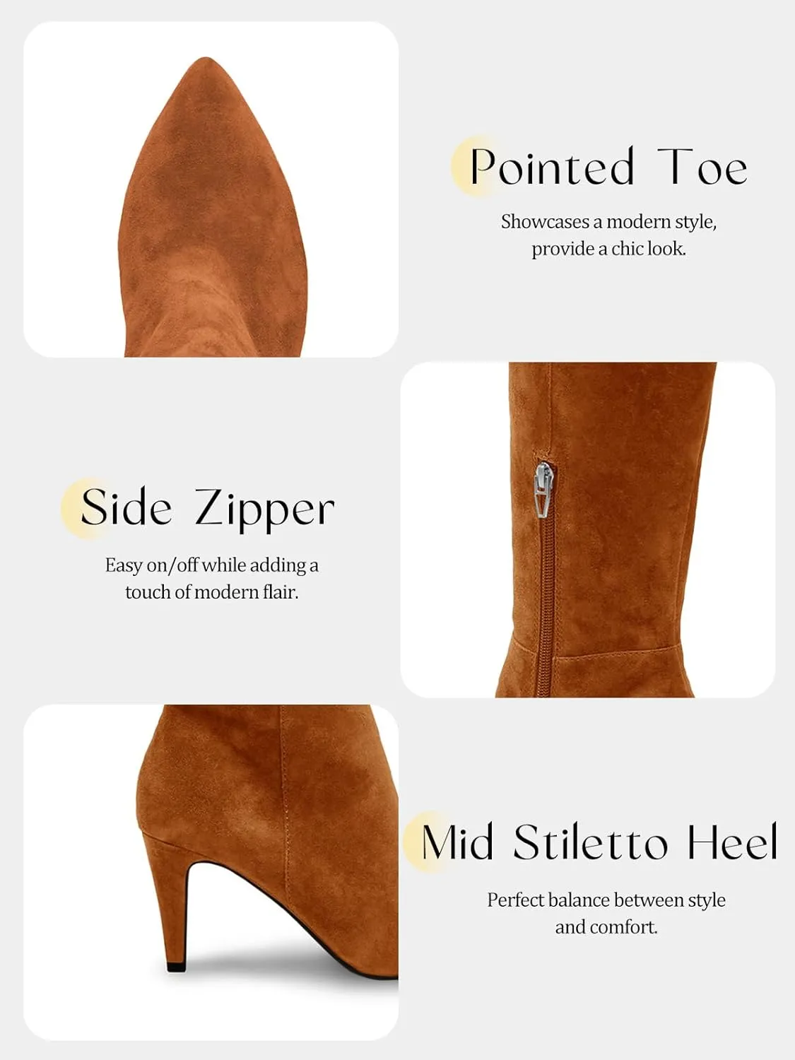 Coutgo Womens Wide Calf Knee High Boots Stiletto High Heel Pointed Toe Side Zipper Suede Long Boots Winter Shoes