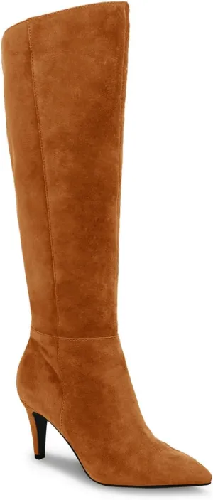 Coutgo Womens Wide Calf Knee High Boots Stiletto High Heel Pointed Toe Side Zipper Suede Long Boots Winter Shoes