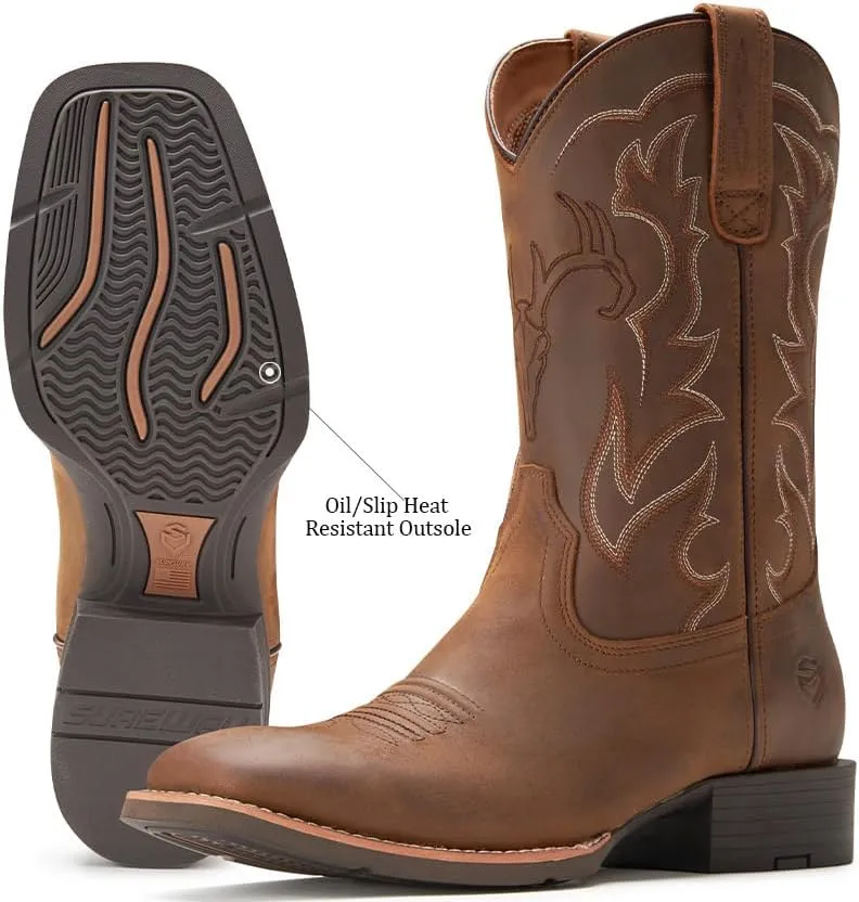 Cowboy Boots For Men - Mens Sport Wide Square Toe Western Boot,Oil/Slip Resistant,Durable Fashionable Classic Pull on 10 Inch Wellington Boots - Leather