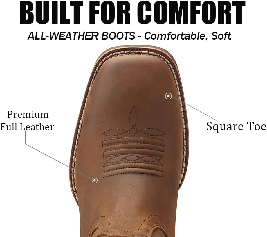 Cowboy Boots For Men - Mens Sport Wide Square Toe Western Boot,Oil/Slip Resistant,Durable Fashionable Classic Pull on 10 Inch Wellington Boots - Leather