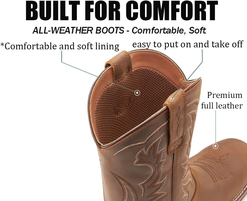 Cowboy Boots For Men - Mens Sport Wide Square Toe Western Boot,Oil/Slip Resistant,Durable Fashionable Classic Pull on 10 Inch Wellington Boots - Leather