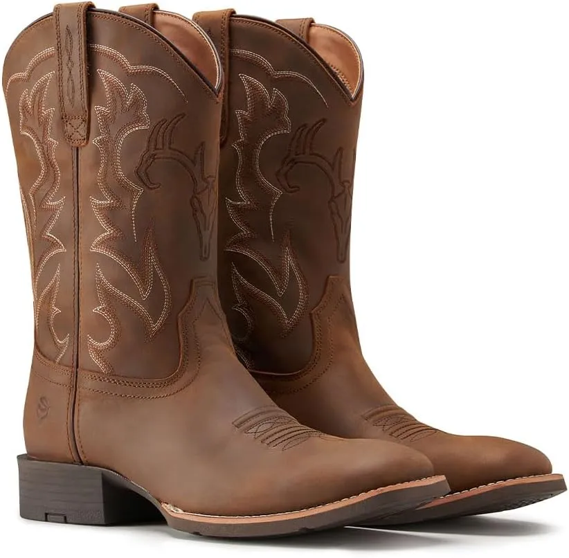 Cowboy Boots For Men - Mens Sport Wide Square Toe Western Boot,Oil/Slip Resistant,Durable Fashionable Classic Pull on 10 Inch Wellington Boots - Leather
