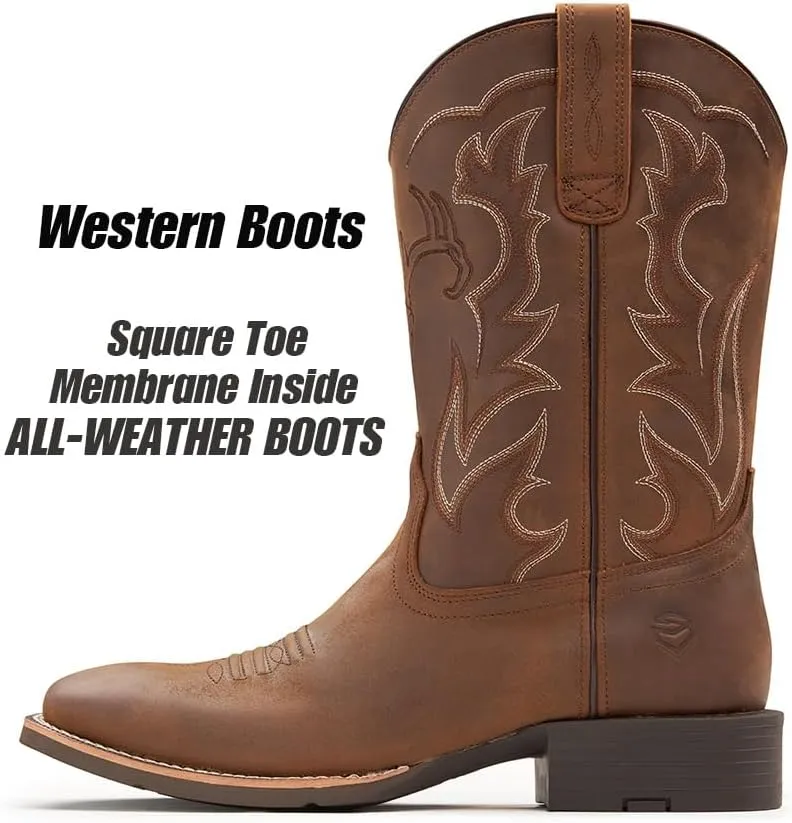 Cowboy Boots For Men - Mens Sport Wide Square Toe Western Boot,Oil/Slip Resistant,Durable Fashionable Classic Pull on 10 Inch Wellington Boots - Leather
