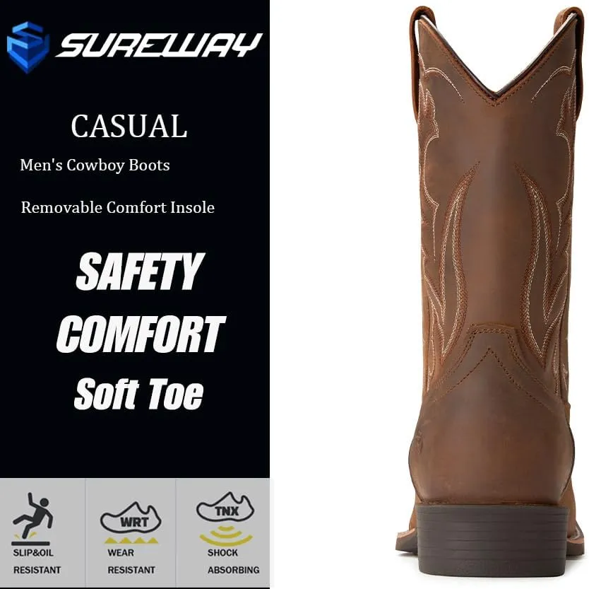 Cowboy Boots For Men - Mens Sport Wide Square Toe Western Boot,Oil/Slip Resistant,Durable Fashionable Classic Pull on 10 Inch Wellington Boots - Leather