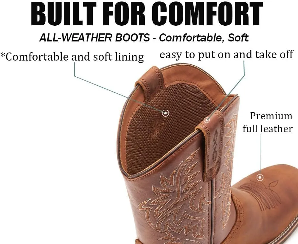 Cowboy Boots For Men - Mens Sport Wide Square Toe Western Boot,Oil/Slip Resistant,Durable Fashionable Classic Pull on 10 Inch Wellington Boots - Soft Toe Work Boots