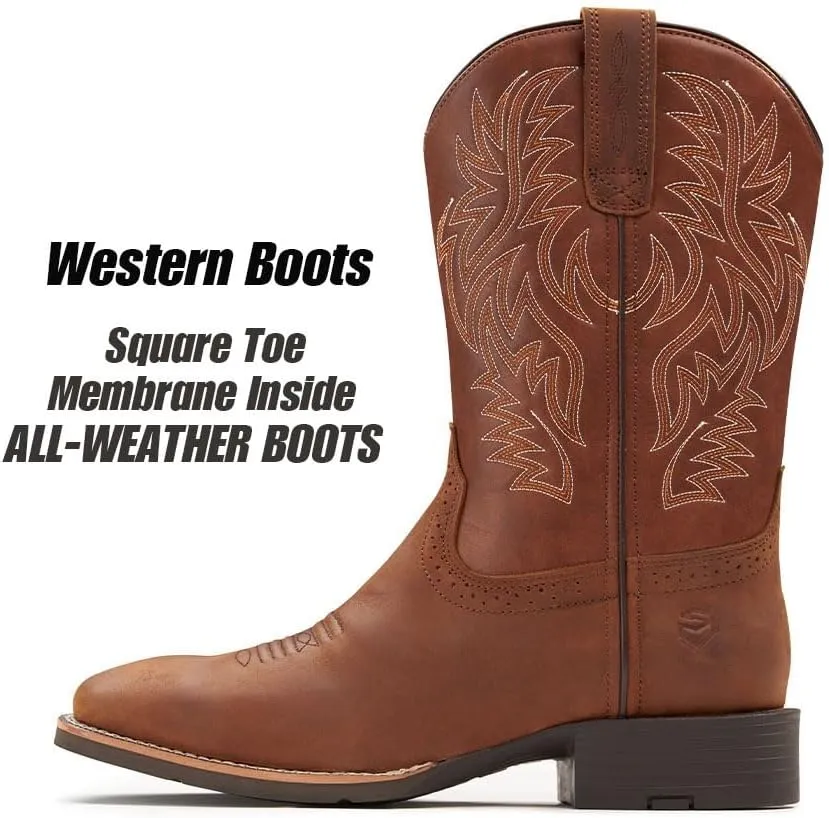 Cowboy Boots For Men - Mens Sport Wide Square Toe Western Boot,Oil/Slip Resistant,Durable Fashionable Classic Pull on 10 Inch Wellington Boots - Soft Toe Work Boots