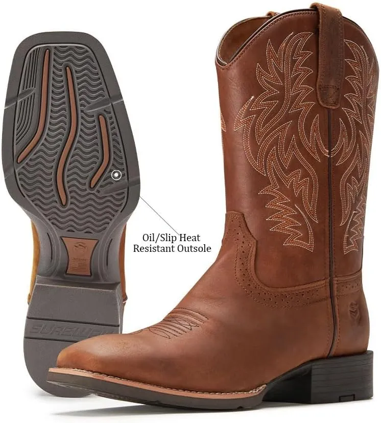 Cowboy Boots For Men - Mens Sport Wide Square Toe Western Boot,Oil/Slip Resistant,Durable Fashionable Classic Pull on 10 Inch Wellington Boots - Soft Toe Work Boots