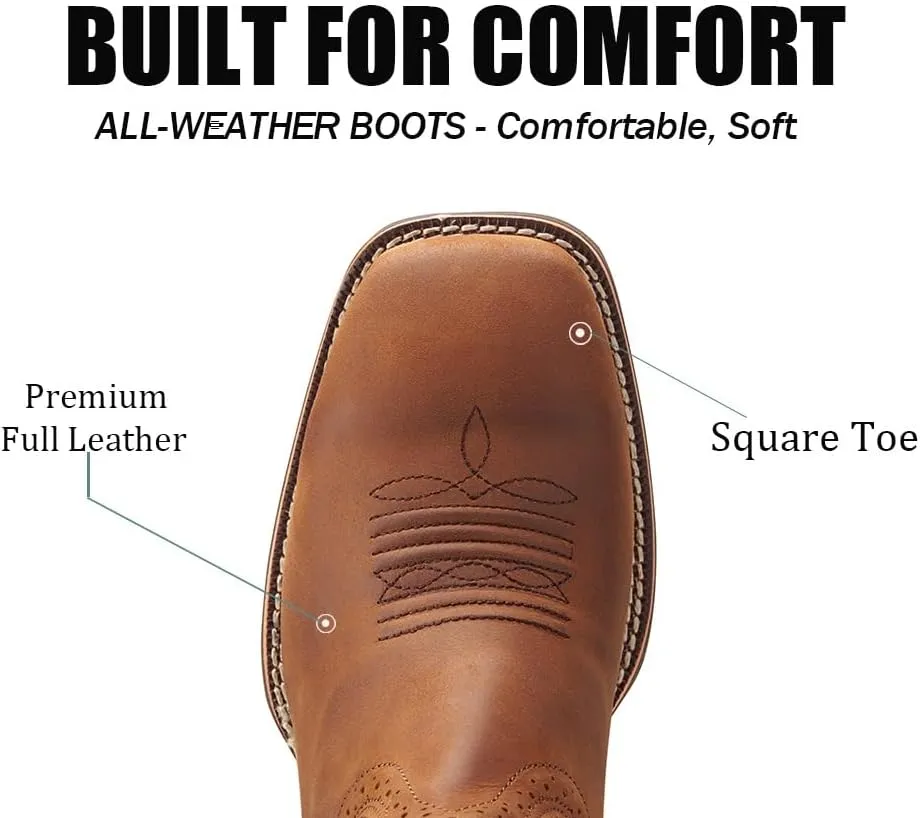 Cowboy Boots For Men - Mens Sport Wide Square Toe Western Boot,Oil/Slip Resistant,Durable Fashionable Classic Pull on 10 Inch Wellington Boots - Soft Toe Work Boots