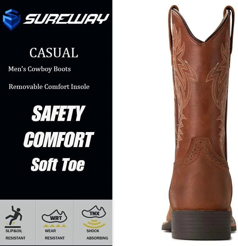 Cowboy Boots For Men - Mens Sport Wide Square Toe Western Boot,Oil/Slip Resistant,Durable Fashionable Classic Pull on 10 Inch Wellington Boots - Soft Toe Work Boots
