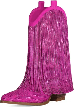Cowboy Boots for Women - Cowgirl Western Rhinestone Sparkly Fringe Chunky Heel Pointed Toe Ankle Boots