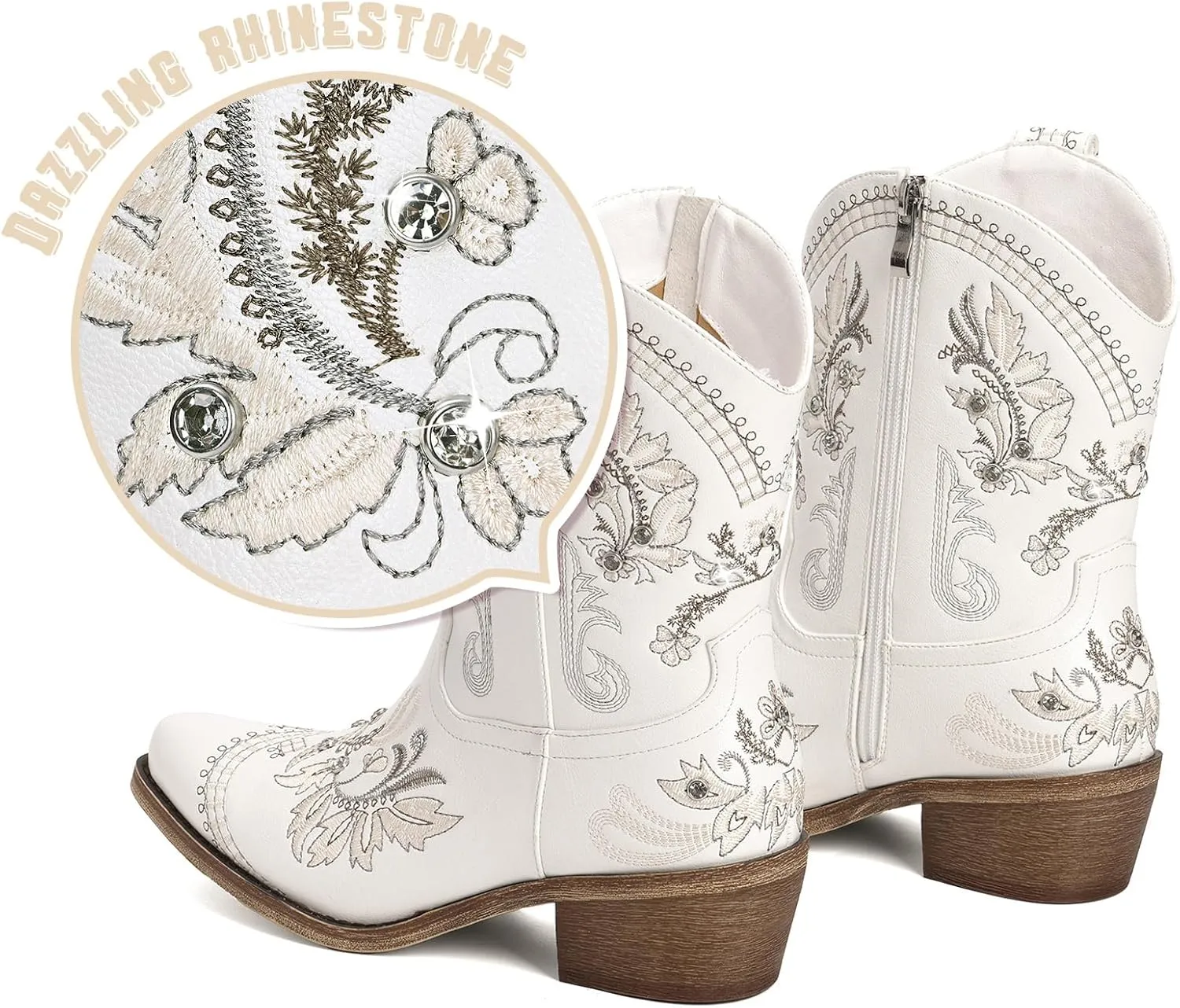 Cowboy Boots for Women - Western Embroidered Cowgirl Boots with Sparkly Rhinestone, Pointed Toe Chunky Heel Side Zipper Vintage Short Booties, Women's Ankle High Fashion Retro Country Booties