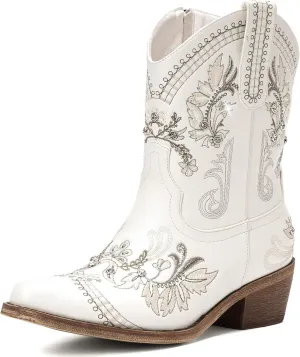 Cowboy Boots for Women - Western Embroidered Cowgirl Boots with Sparkly Rhinestone, Pointed Toe Chunky Heel Side Zipper Vintage Short Booties, Women's Ankle High Fashion Retro Country Booties