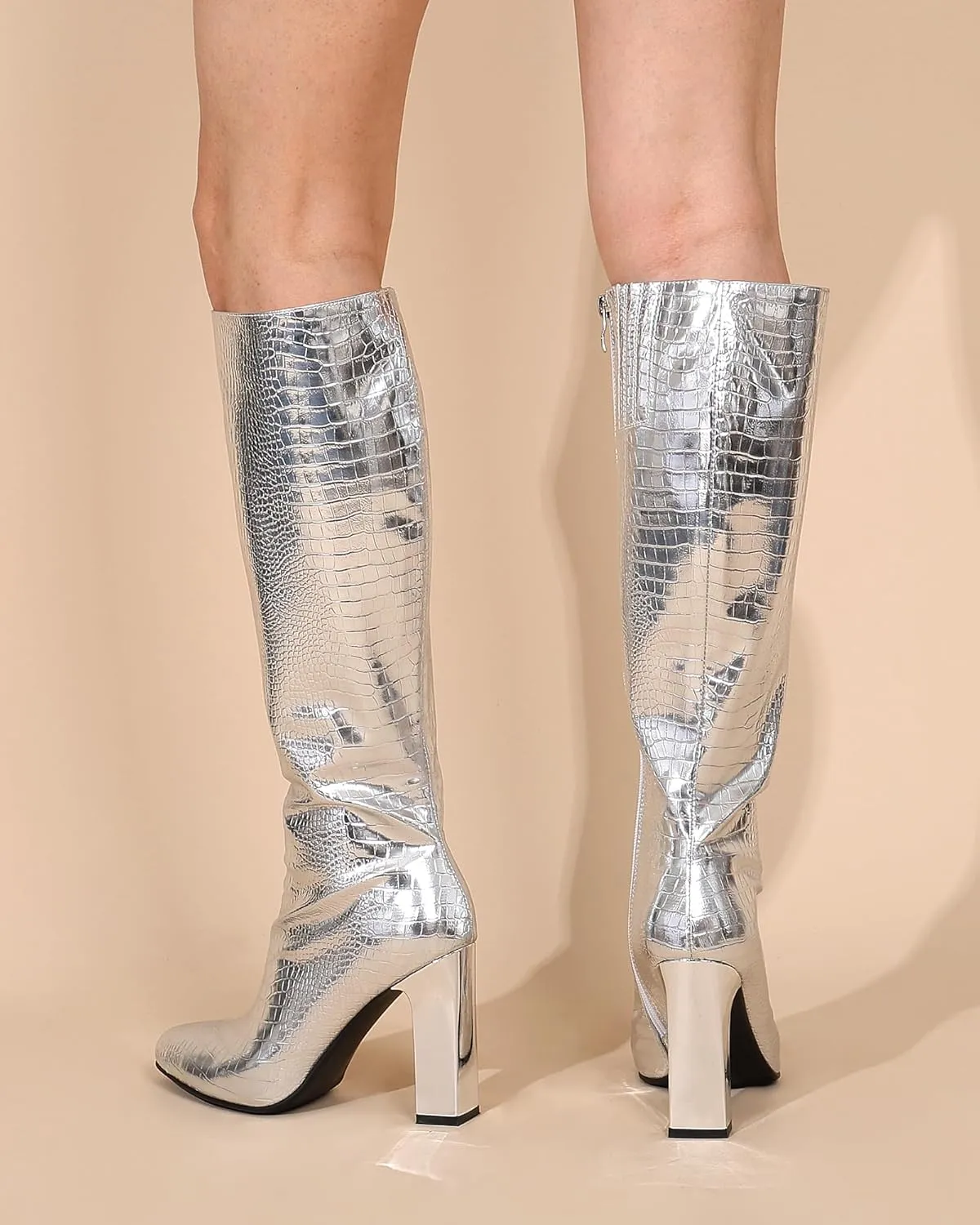 Cozivwaiy Women's Knee High Chrome Metallic Tall Boots: Heels, Block, Riding, Formal, Dress, Fancy, Zipper
