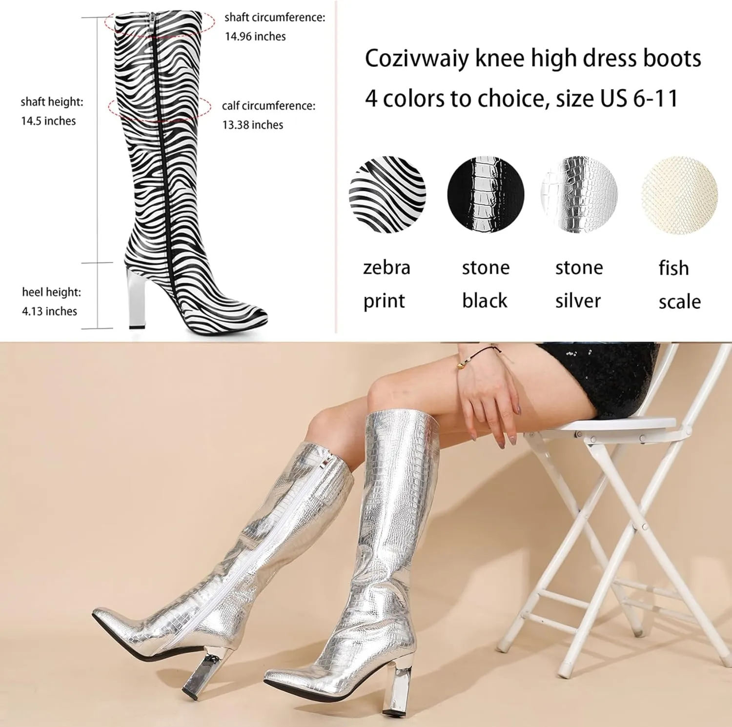 Cozivwaiy Women's Knee High Chrome Metallic Tall Boots: Heels, Block, Riding, Formal, Dress, Fancy, Zipper