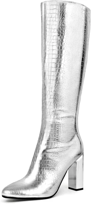 Cozivwaiy Women's Knee High Chrome Metallic Tall Boots: Heels, Block, Riding, Formal, Dress, Fancy, Zipper