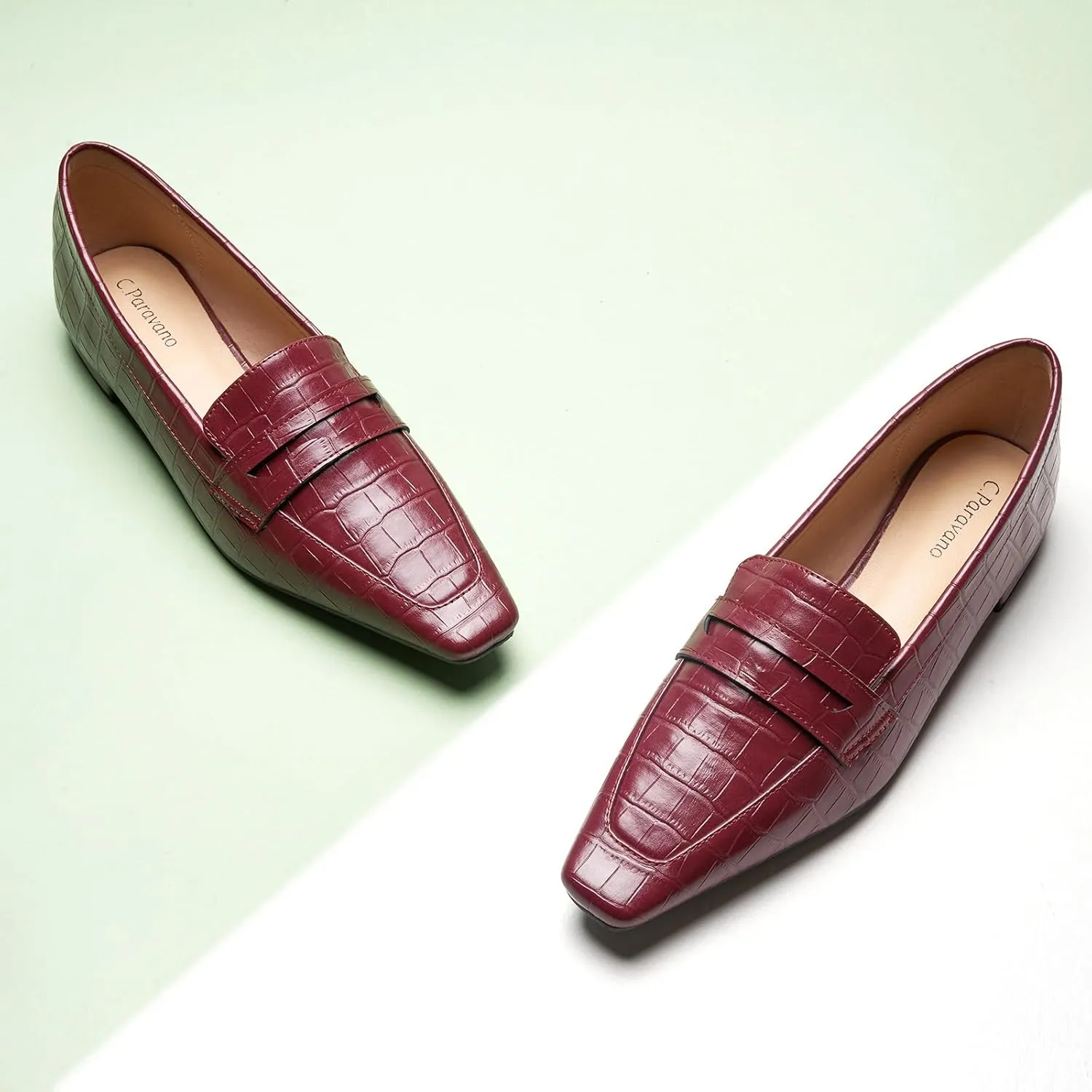C.Paravano Penny Loafers for Women Formal Dress Square Toe Flats Slip on Loafer Shoes Comfort Loafer for Business Casual Wear