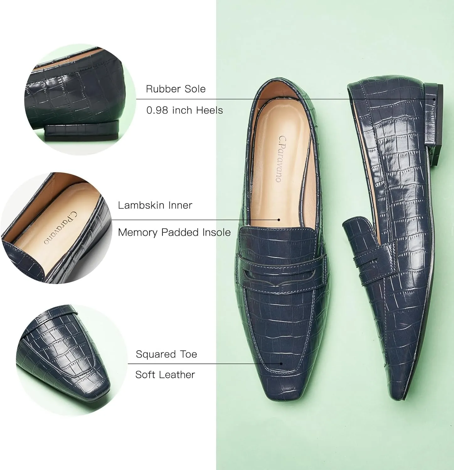 C.Paravano Penny Loafers for Women, Slip-ons Comfortable Dressy Formal Dress Square Toe Flats Loafer Shoes for Business Casual Wear
