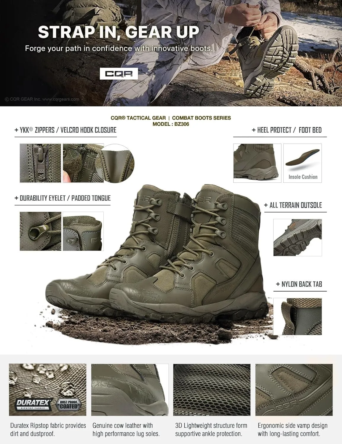 CQR Men's Military Tactical Boots, Lightweight 6 Inches Combat Boots, Durable EDC Outdoor Work Boots