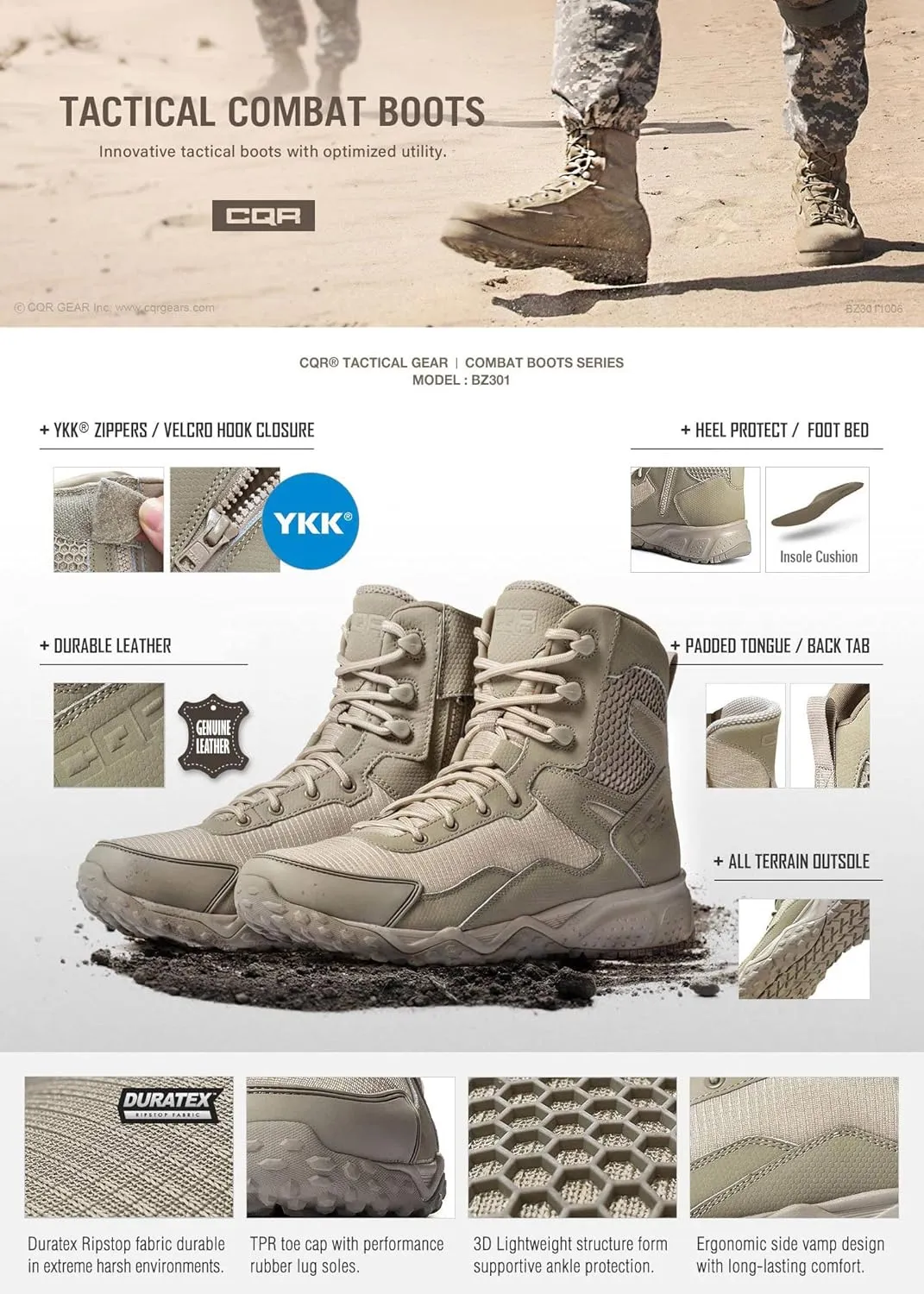 CQR Men's Military Tactical Boots, Lightweight 6 Inches Combat Boots, Durable EDC Outdoor Work Boots