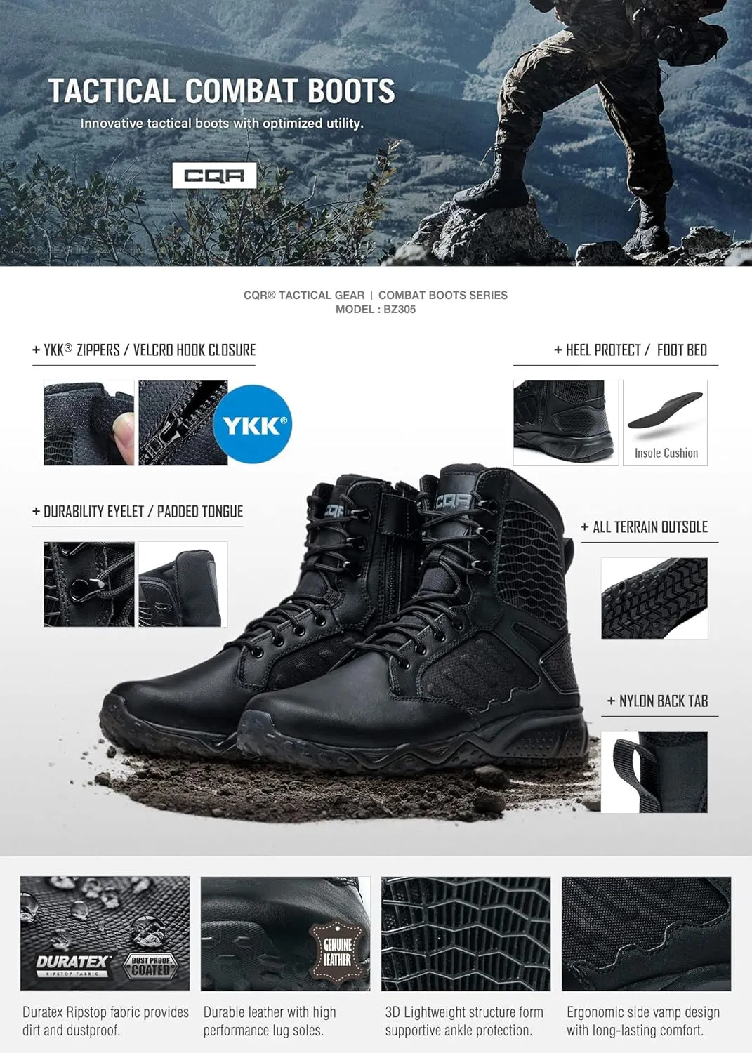 CQR Men's Military Tactical Boots, Lightweight 6 Inches Combat Boots, Durable EDC Outdoor Work Boots