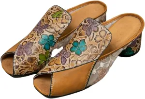 CrazycatZ Womens Leather Clogs Sandals, Colorful Vintage Mules Block Heels Colorful Clogs Shoes