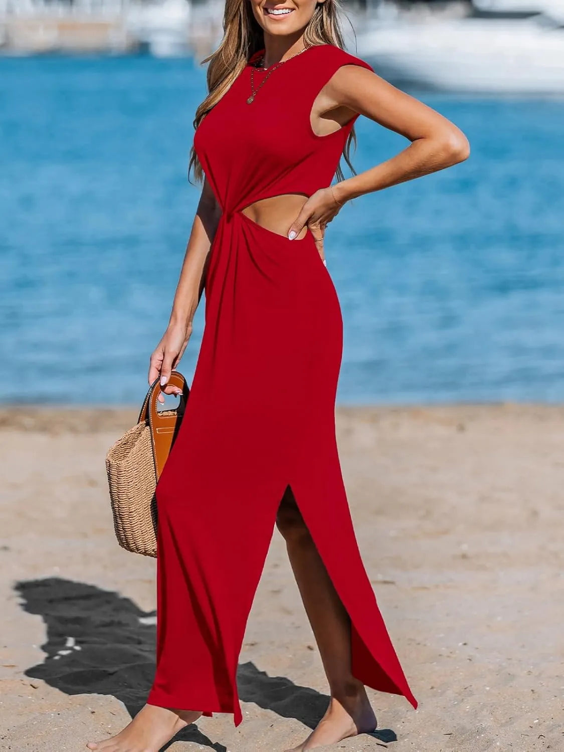 CUPSHE Women’s Summer Maxi Dresses Sleeveless Cutout Side Slit Long Casual Dress with Padded Shoulders