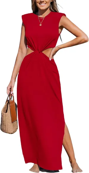 CUPSHE Women’s Summer Maxi Dresses Sleeveless Cutout Side Slit Long Casual Dress with Padded Shoulders