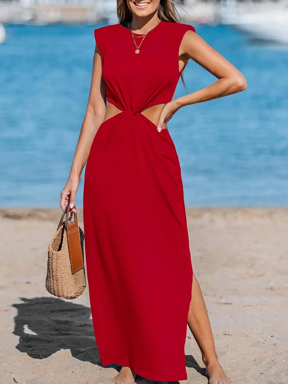 CUPSHE Women’s Summer Maxi Dresses Sleeveless Cutout Side Slit Long Casual Dress with Padded Shoulders