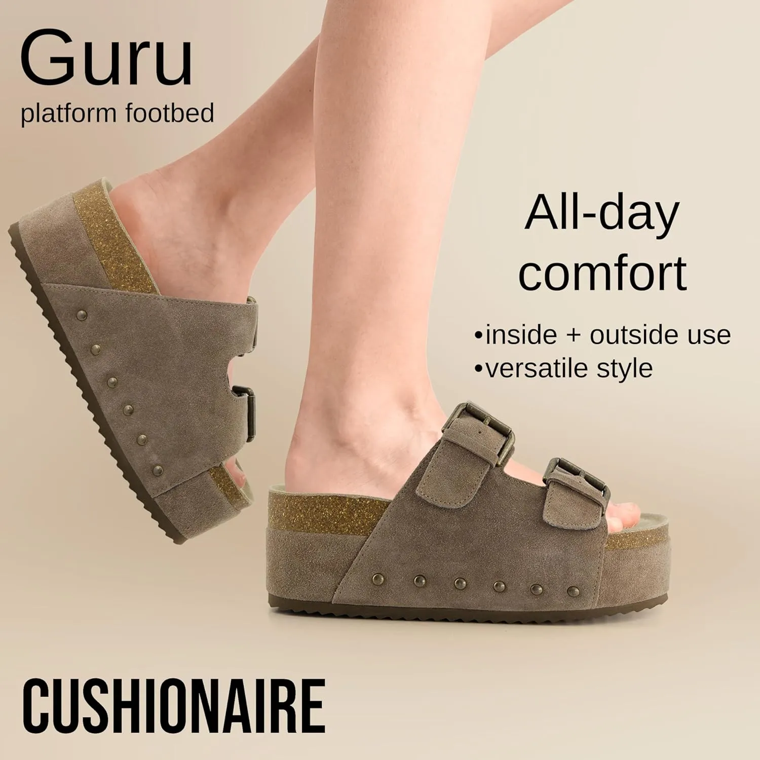 CUSHIONAIRE Guru Platform Sandals Women Footwear – Comfortable Genuine Leather Footbed Studded Chunky Slide Summer Sandals for Women 2025