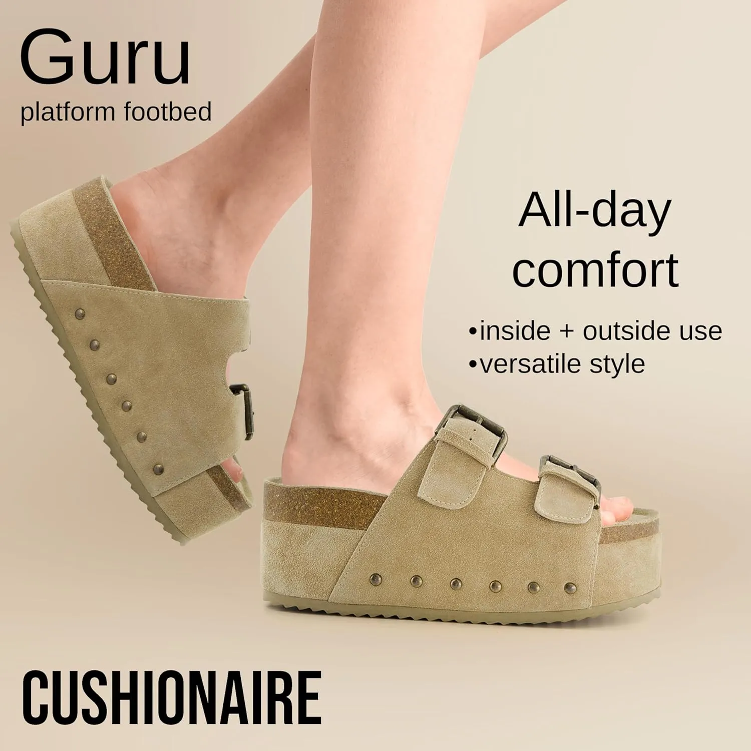CUSHIONAIRE Guru Platform Sandals Women Footwear – Comfortable Genuine Leather Footbed Studded Chunky Slide Summer Sandals for Women 2025