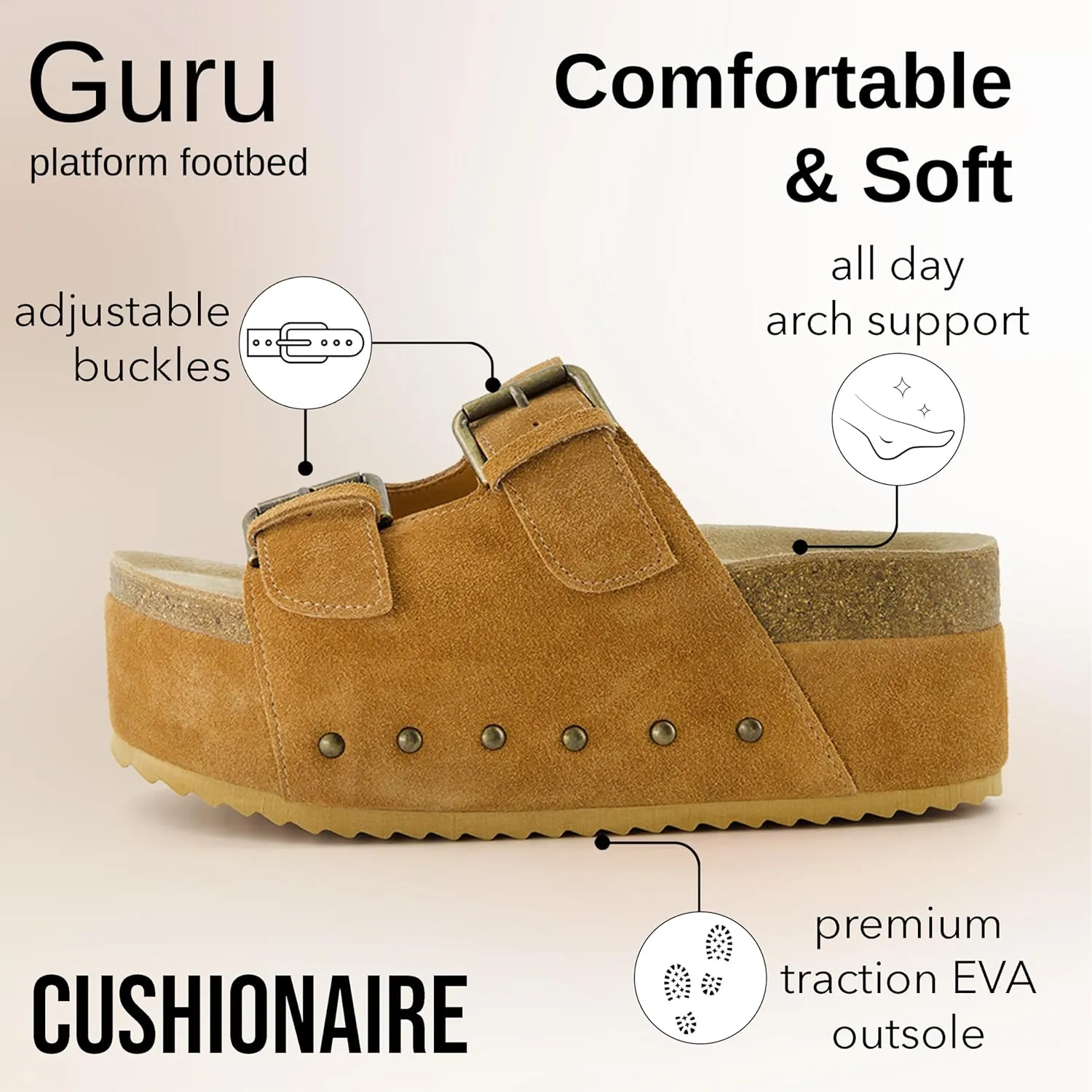 CUSHIONAIRE Guru Platform Sandals Women Footwear – Comfortable Genuine Leather Footbed Studded Chunky Slide Summer Sandals for Women 2025