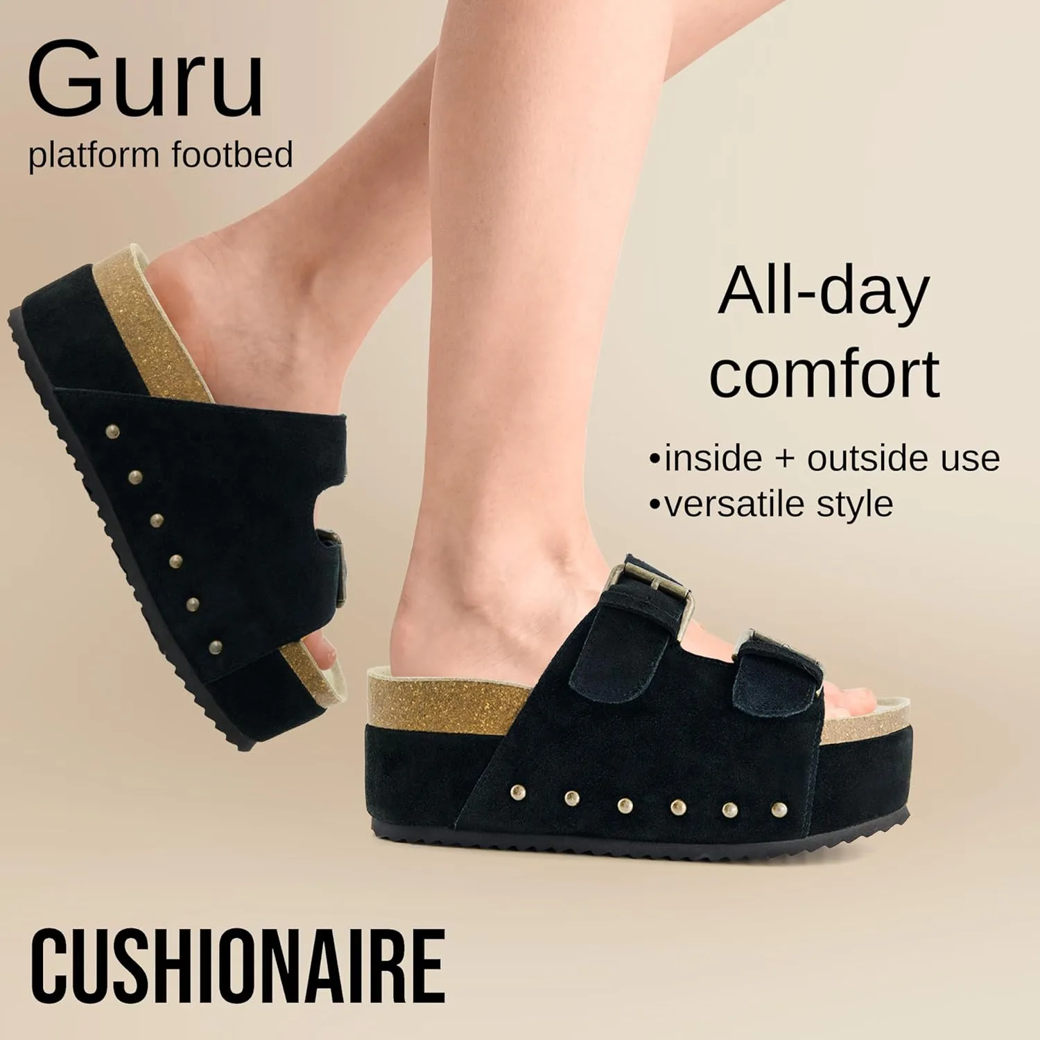 CUSHIONAIRE Guru Platform Sandals Women Footwear – Comfortable Genuine Leather Footbed Studded Chunky Slide Summer Sandals for Women 2025