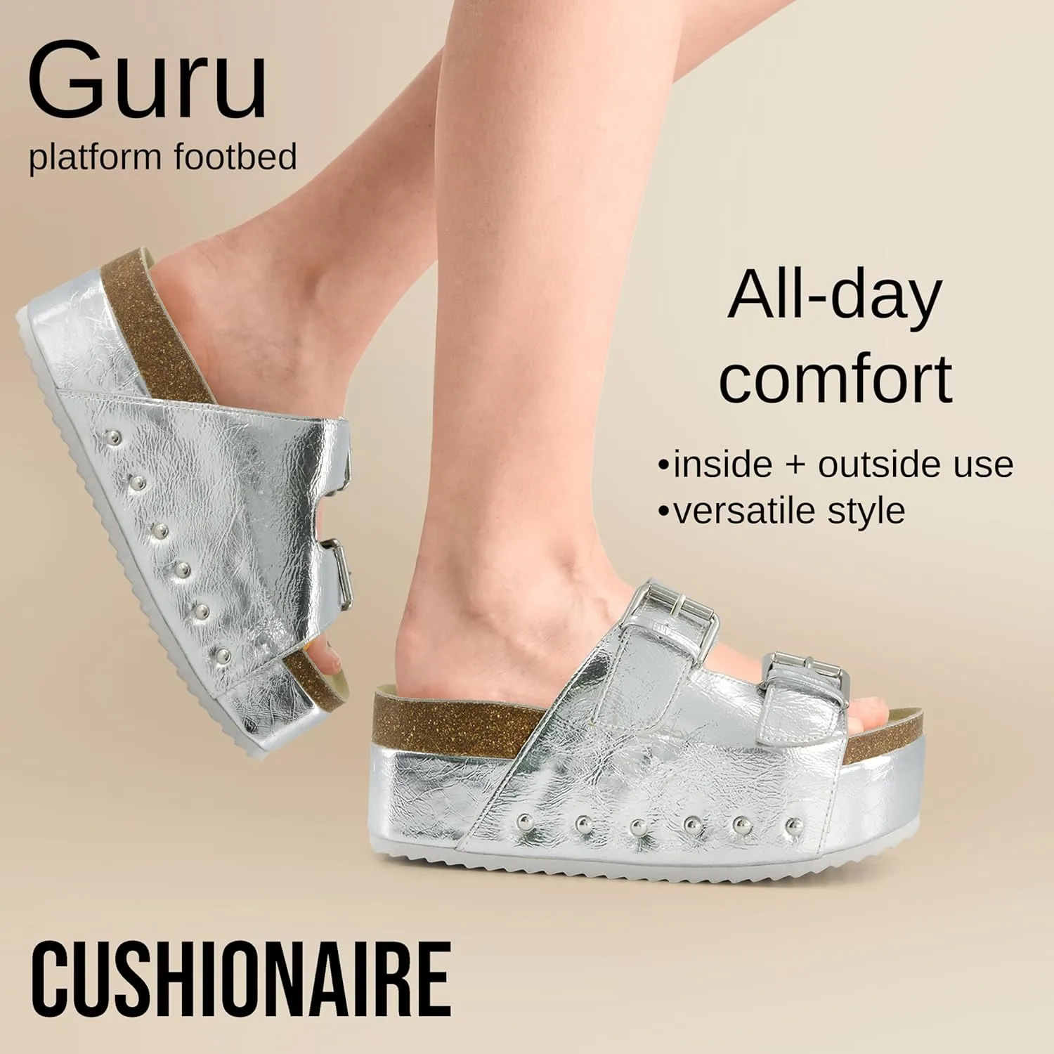 CUSHIONAIRE Guru Platform Sandals Women Footwear – Comfortable Genuine Leather Footbed Studded Chunky Slide Summer Sandals for Women 2025