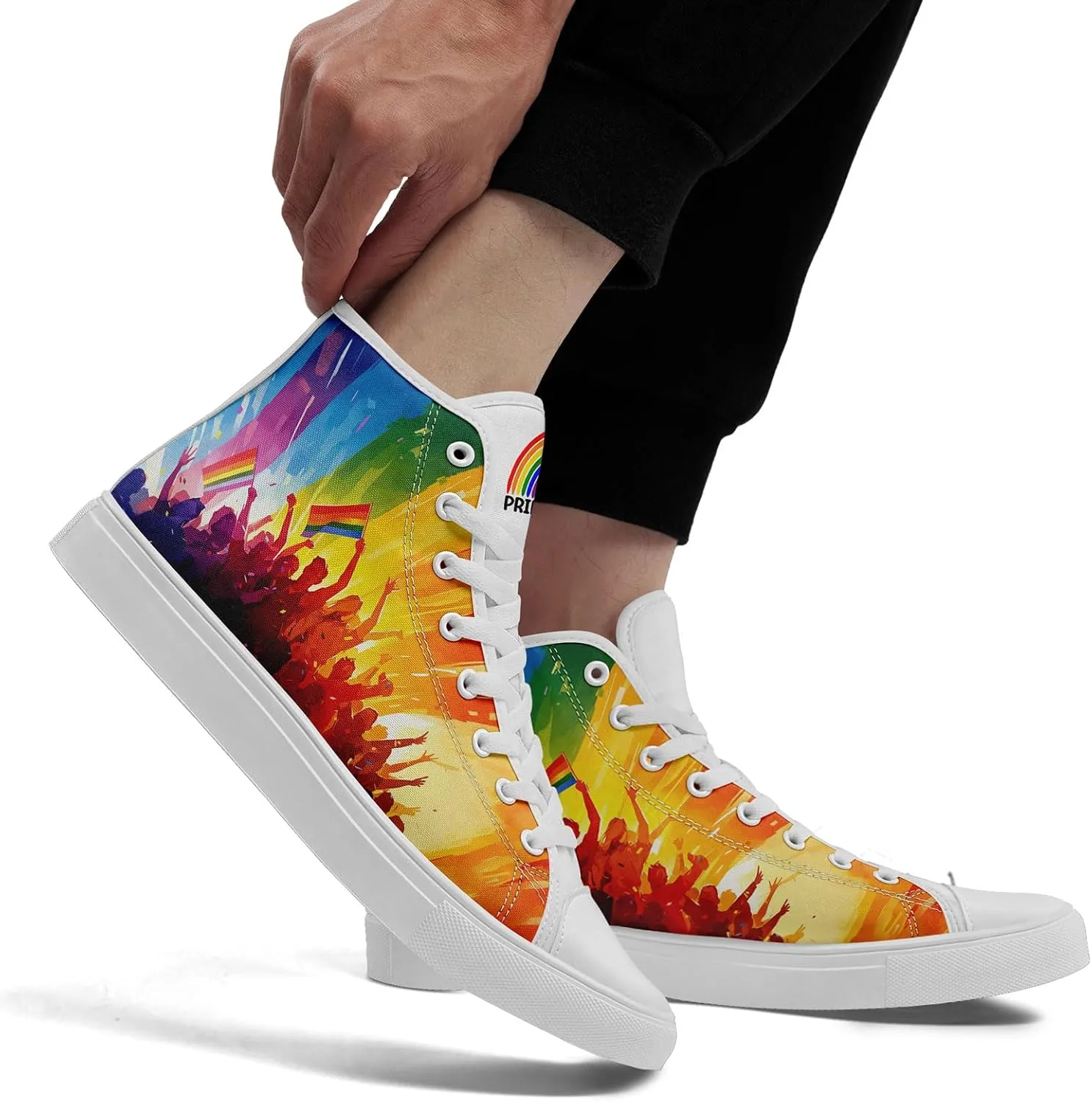 Custom Rainbow Stripe High-Top Sneakers Unisex Pride Personalized LGBTQ Canvas Shoes Gift Fashion Casual Sneakers