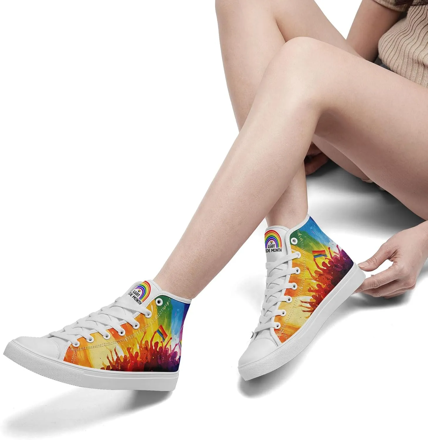Custom Rainbow Stripe High-Top Sneakers Unisex Pride Personalized LGBTQ Canvas Shoes Gift Fashion Casual Sneakers