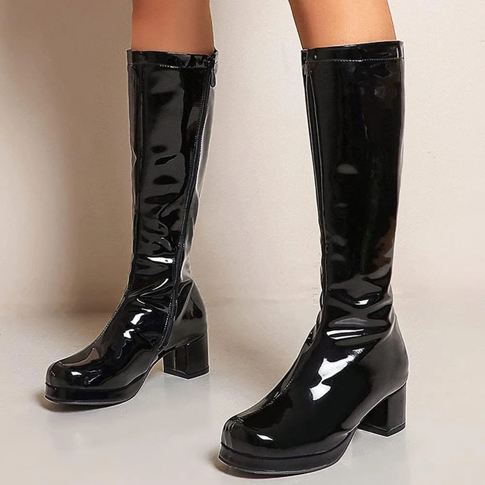 CYNLLIO Mid Calf Boots for Women Chunky High Heels Platform Boots Fashion PU Leather Solid Color Cosplay Dress Boots