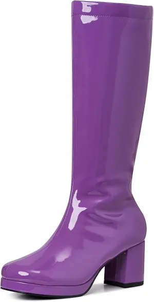 CYNLLIO Mid Calf Boots for Women Chunky High Heels Platform Boots Fashion PU Leather Solid Color Cosplay Dress Boots
