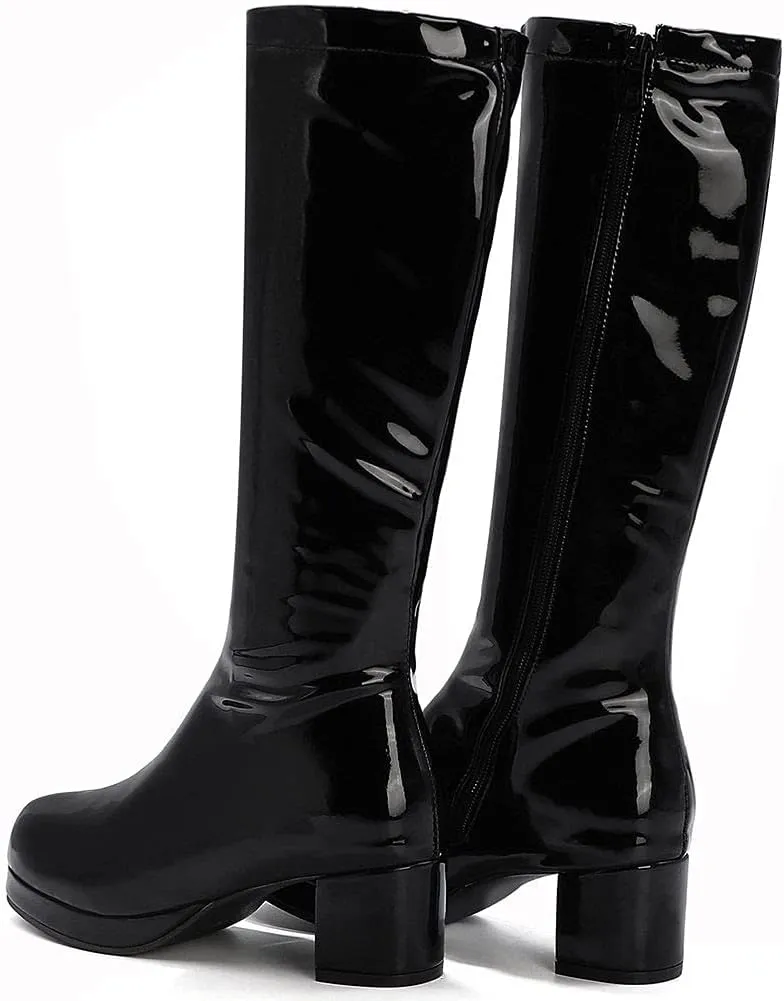 CYNLLIO Mid Calf Boots for Women Chunky High Heels Platform Boots Fashion PU Leather Solid Color Cosplay Dress Boots