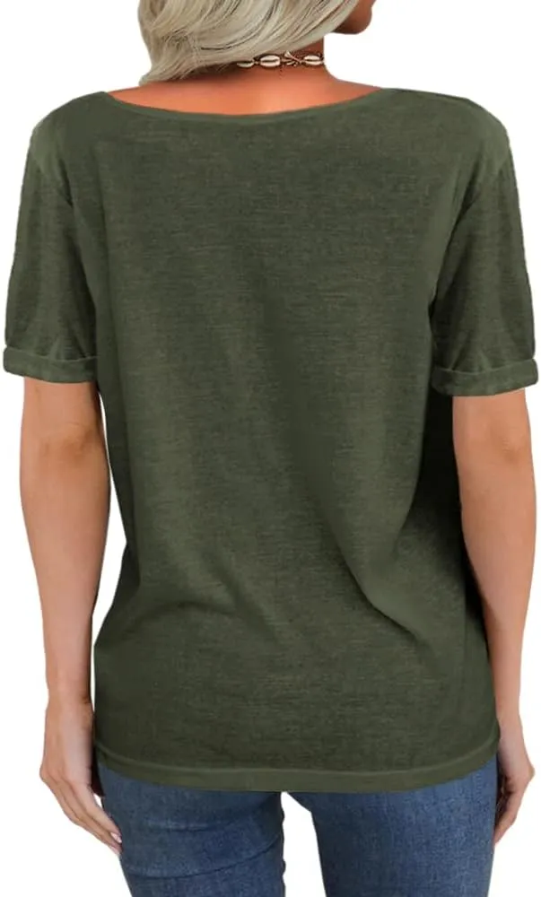 Danedvi Women Fashion Deep V-Neck Short Sleeve Tops Solid Casual Loose Basic T Shirt