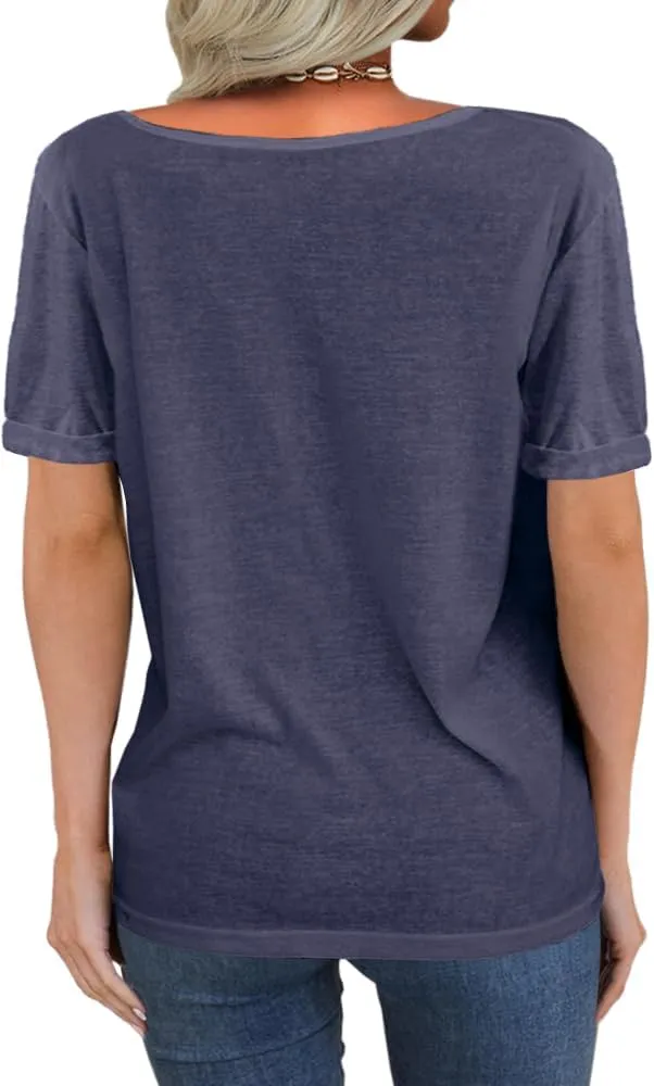 Danedvi Women Fashion Deep V-Neck Short Sleeve Tops Solid Casual Loose Basic T Shirt