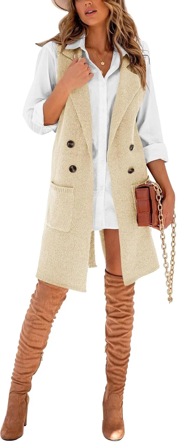 Danedvi Women Open Front Lapel Collar Cardigan Vest Button Down Long Sweaters Cardigan Solid Outerwear Coats