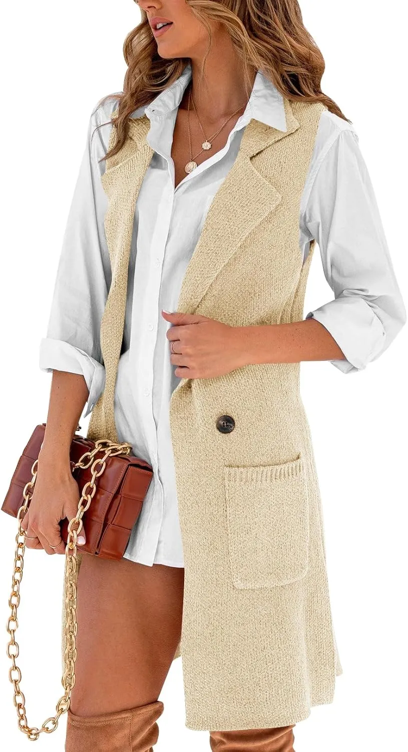 Danedvi Women Open Front Lapel Collar Cardigan Vest Button Down Long Sweaters Cardigan Solid Outerwear Coats