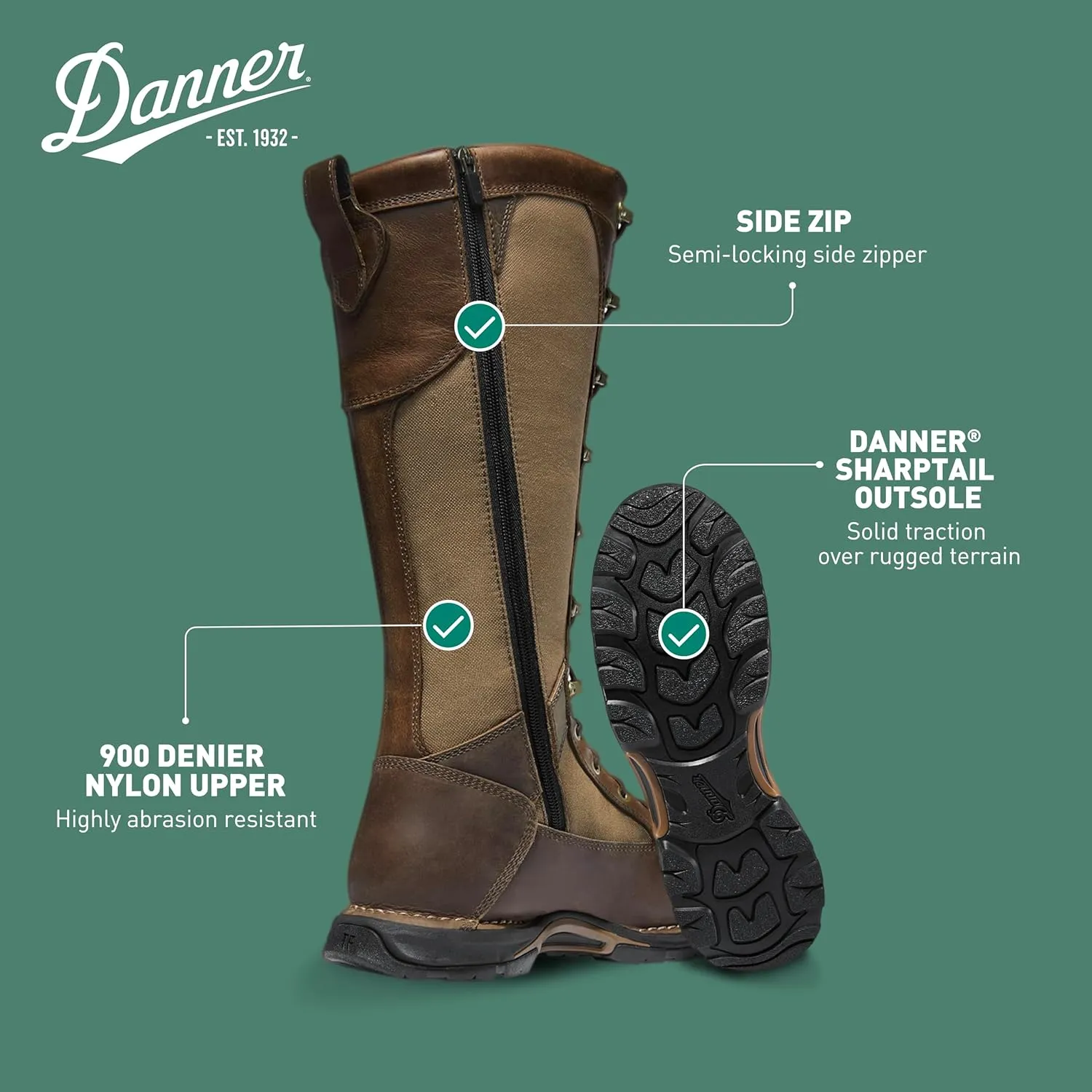 Danner Sharptail 17" Side-Zip Waterproof Snake Boots for Men - Full-Grain Leather and Nylon with 360° Snake Guard, Comfort Footbed & Traction Outsole
