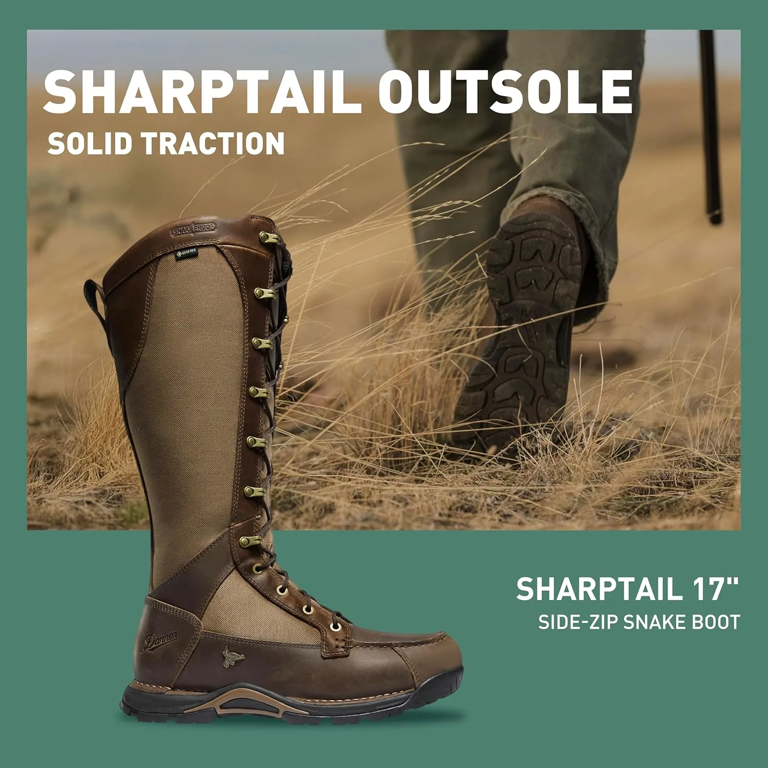 Danner Sharptail 17" Side-Zip Waterproof Snake Boots for Men - Full-Grain Leather and Nylon with 360° Snake Guard, Comfort Footbed & Traction Outsole