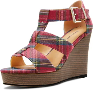 DearOnly Womens High Wedge Platform Heel Peep Open Toe Sandals Ankle Strap Buckle Gladiator Party Denim Summer 3.9 Inches Heels