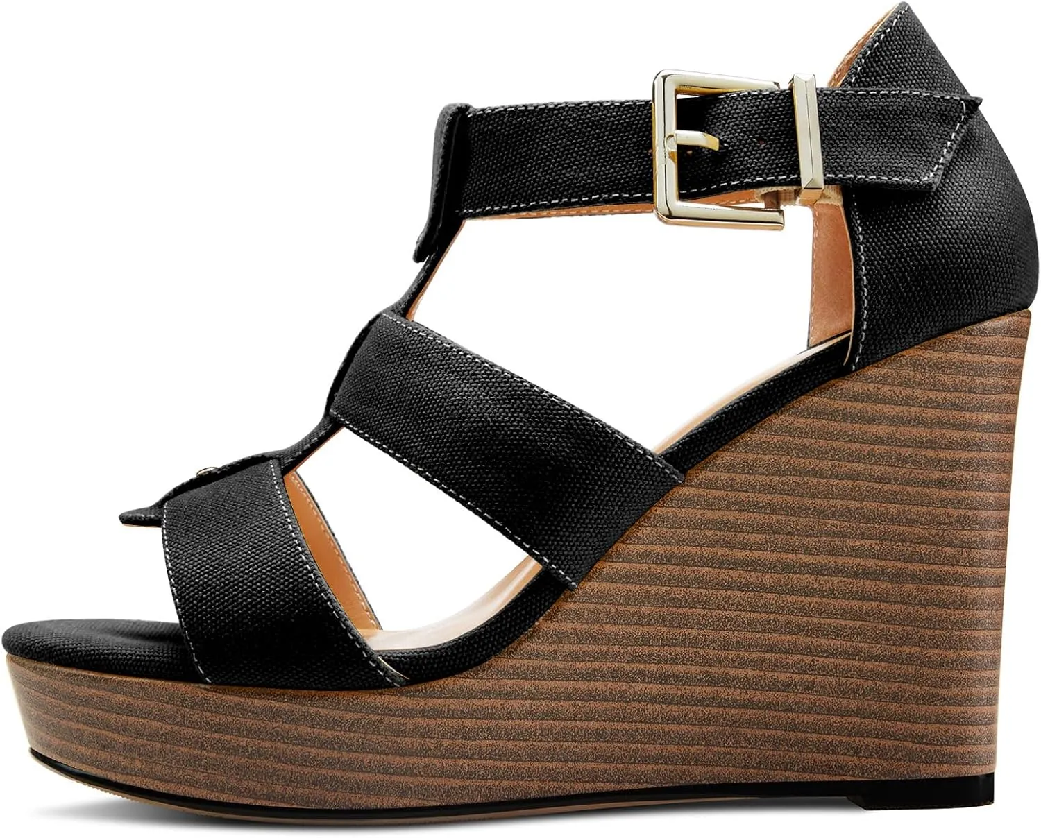 DearOnly Womens High Wedge Platform Heel Peep Open Toe Sandals Ankle Strap Buckle Gladiator Party Denim Summer 3.9 Inches Heels
