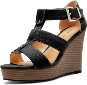 DearOnly Womens High Wedge Platform Heel Peep Open Toe Sandals Ankle Strap Buckle Gladiator Party Denim Summer 3.9 Inches Heels