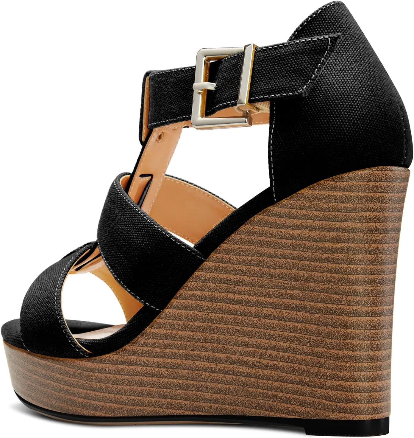 DearOnly Womens High Wedge Platform Heel Peep Open Toe Sandals Ankle Strap Buckle Gladiator Party Denim Summer 3.9 Inches Heels